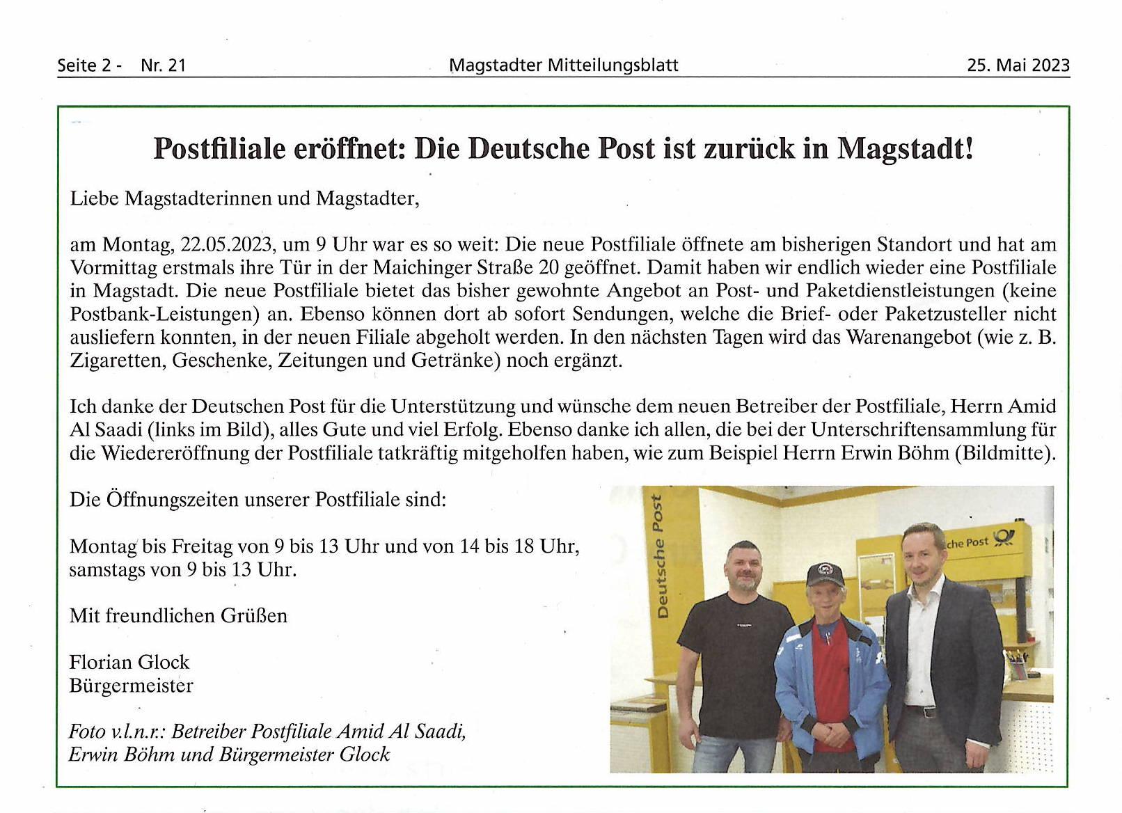 Bericht Eröffnung Postfiliale Mitteilungsblatt 25.05.2023